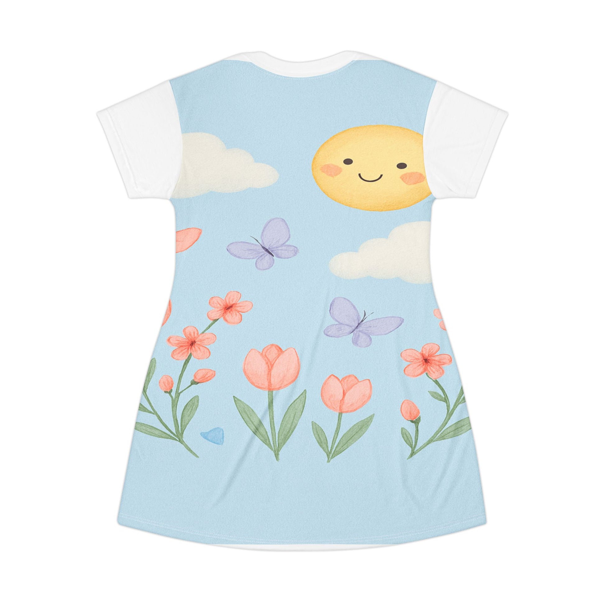 Sunny Spring Floral T‑Shirt Dress — Cute Sun, Butterflies & Tulips AOP