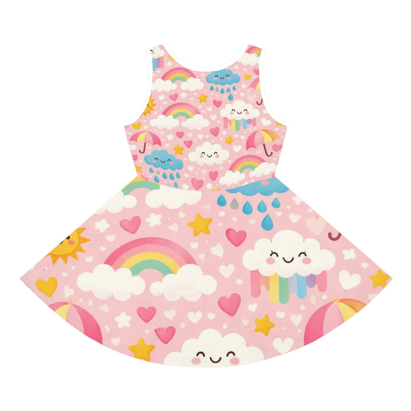 Girls' Rainbow Cloud Sundress — Pink Cute Kawaii Summer Dress Seam thread color automatically matched to design