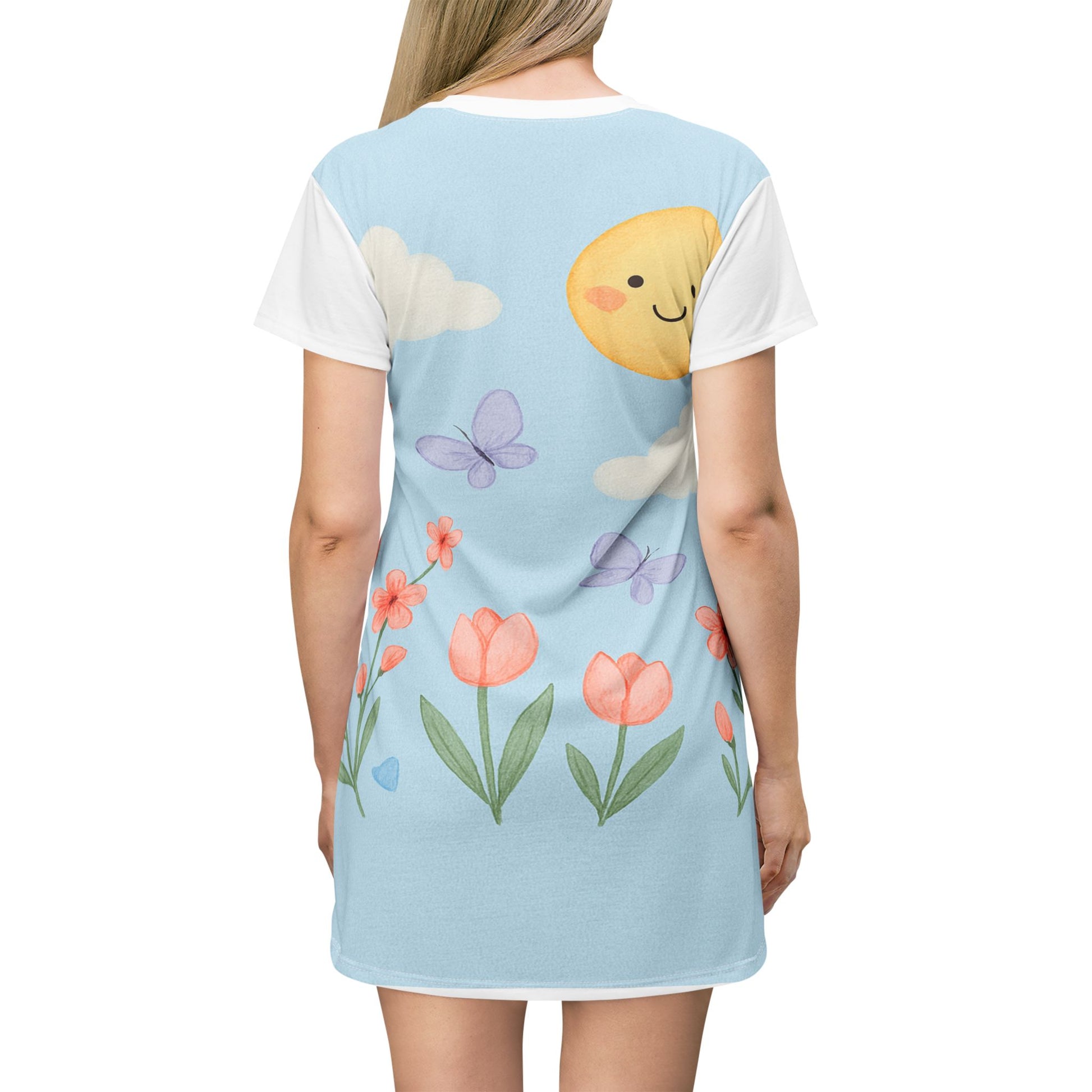 Sunny Spring Floral T‑Shirt Dress — Cute Sun, Butterflies & Tulips AOP