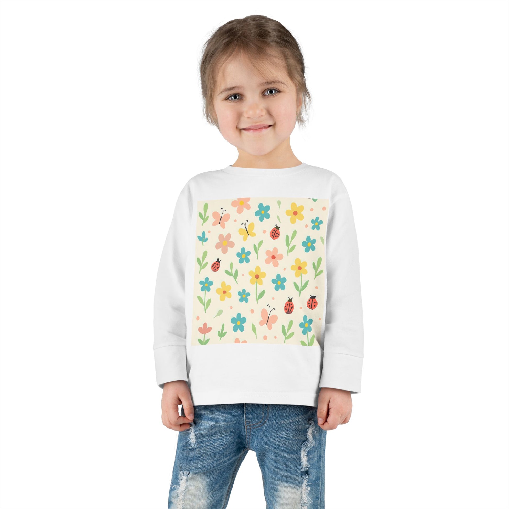 Toddler Long Sleeve Tee — Cute Spring Floral & Ladybug Pattern White
