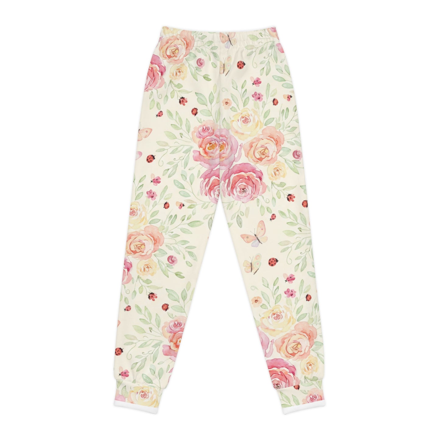 Youth Floral Joggers — Watercolor Roses & Ladybugs All-Over Print