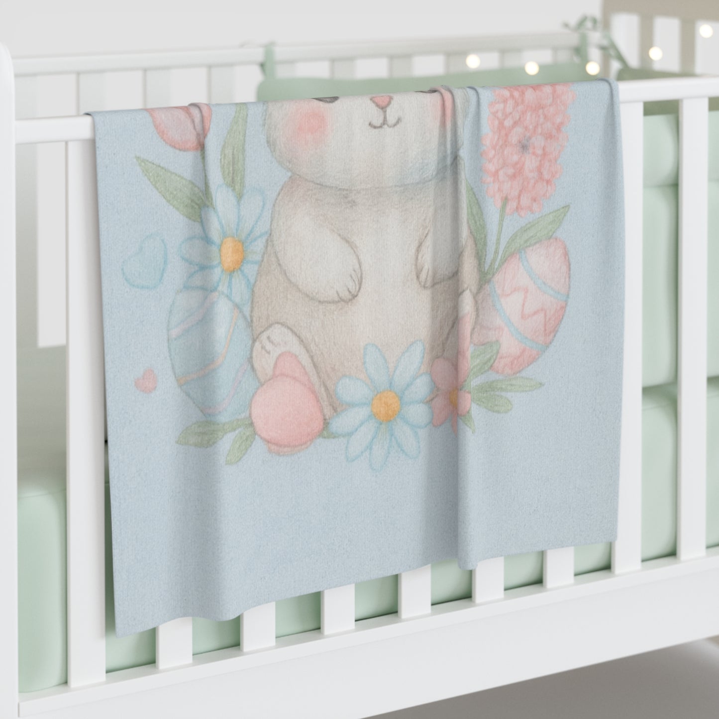 Easter Bunny Baby Swaddle Blanket — Soft Pastel Floral Newborn Wrap 30" × 40" White
