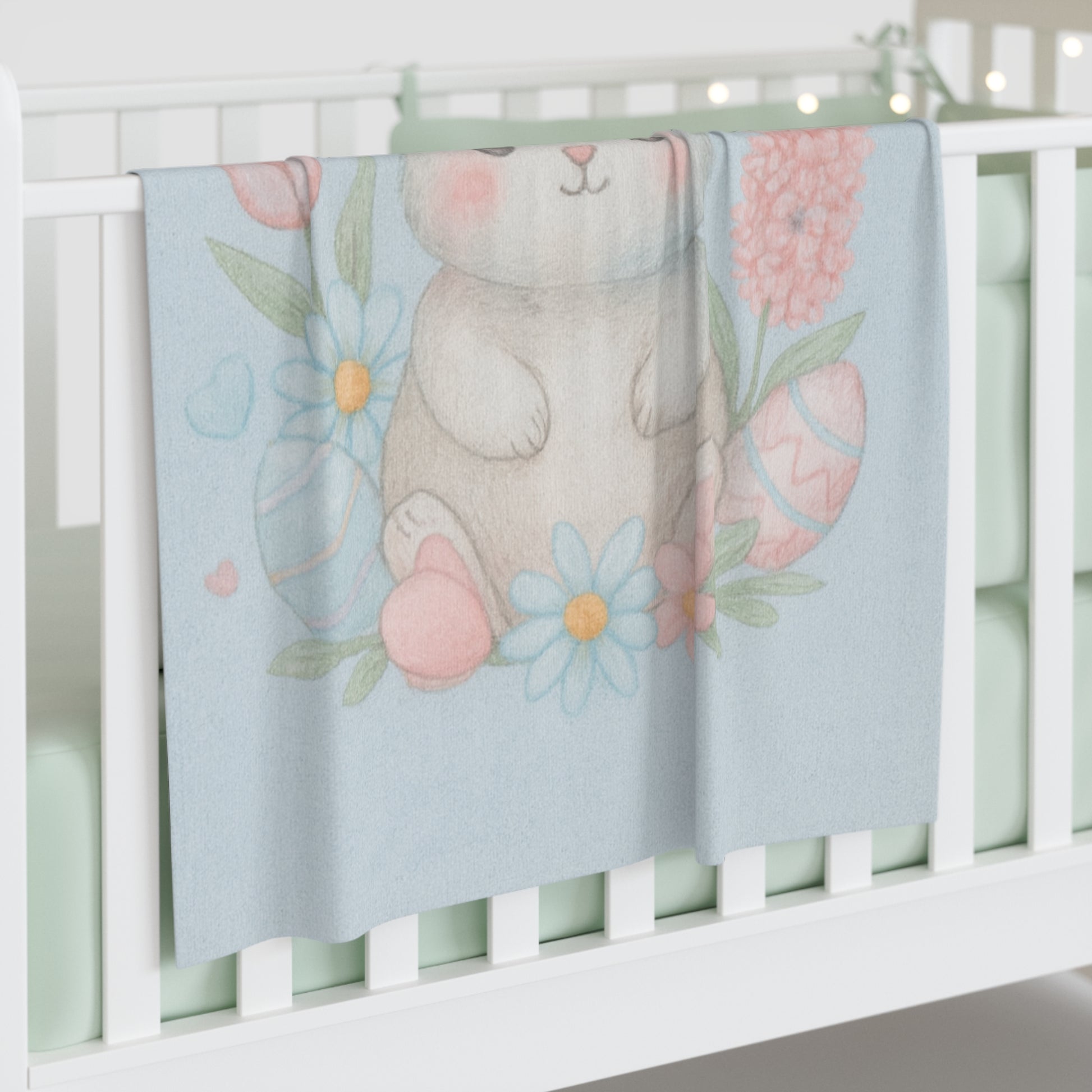 Easter Bunny Baby Swaddle Blanket — Soft Pastel Floral Newborn Wrap 30" × 40" White