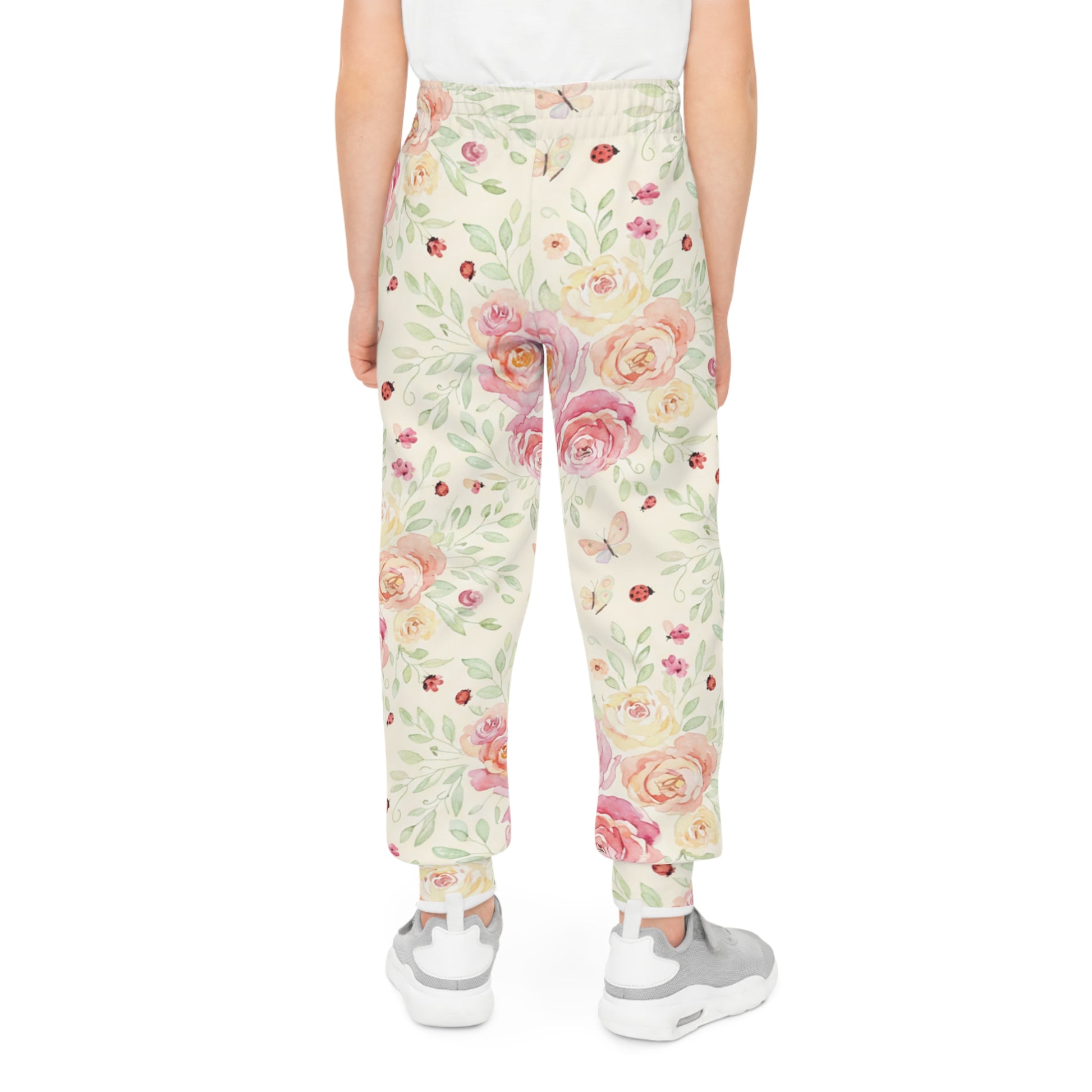 Youth Floral Joggers — Watercolor Roses & Ladybugs All-Over Print