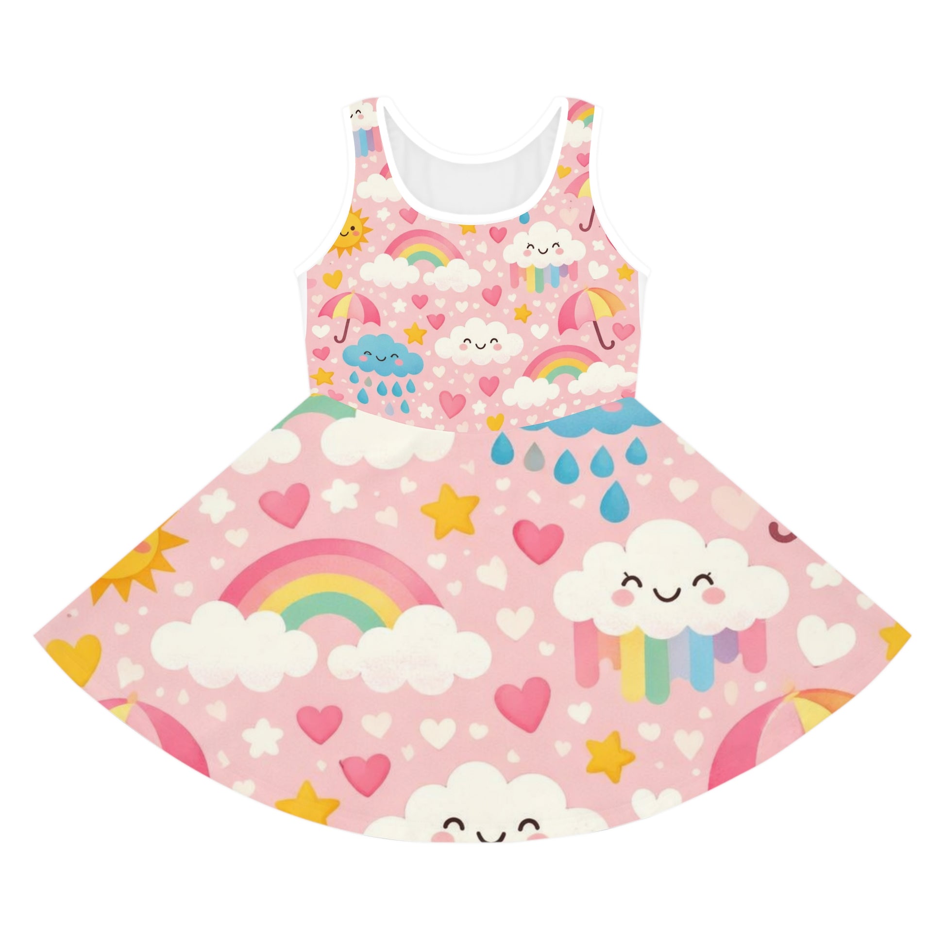 Girls' Rainbow Cloud Sundress — Pink Cute Kawaii Summer Dress Seam thread color automatically matched to design