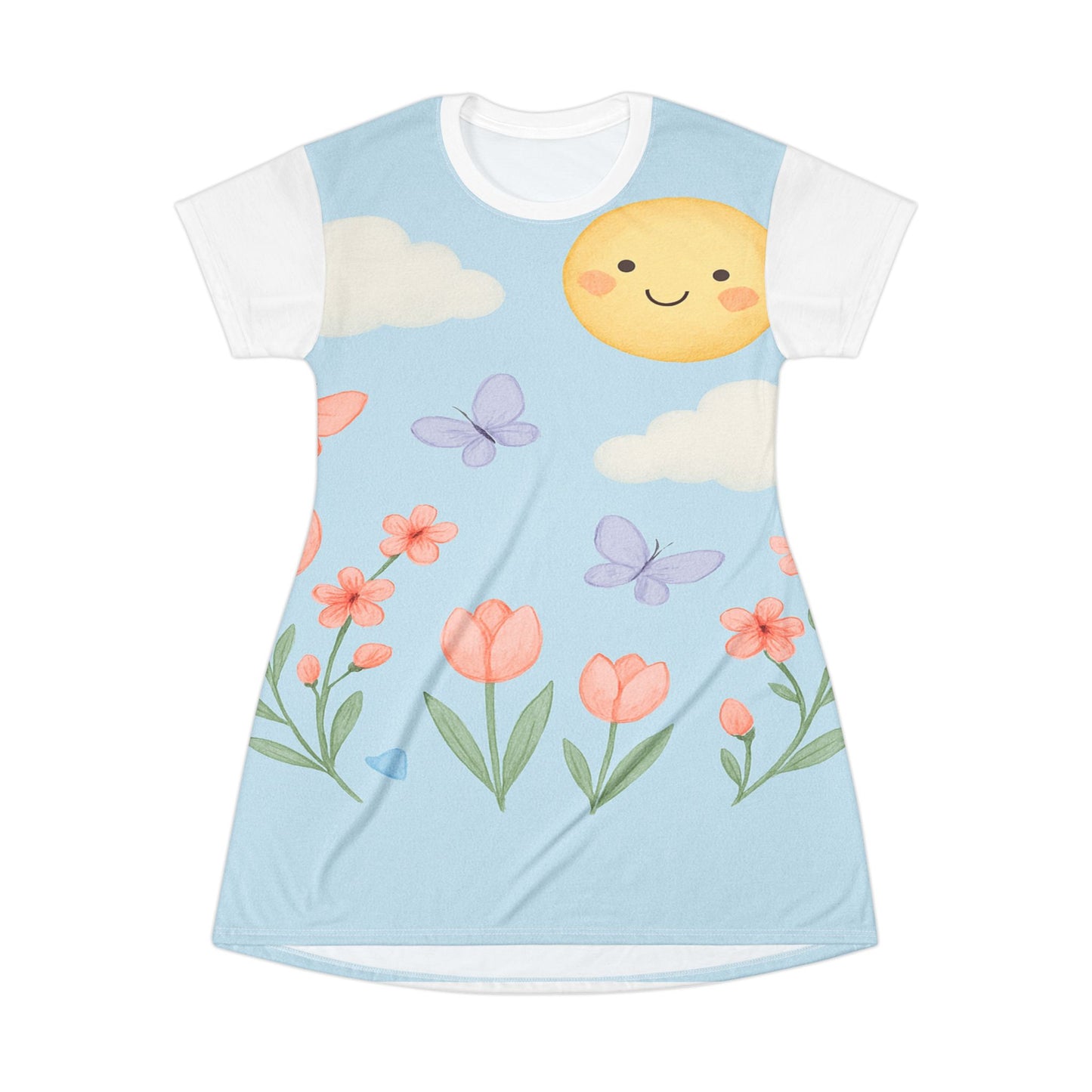 Sunny Spring Floral T‑Shirt Dress — Cute Sun, Butterflies & Tulips AOP
