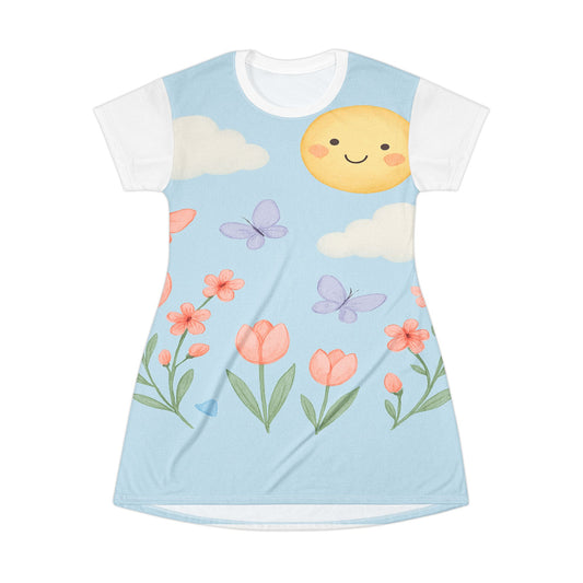 Sunny Spring Floral T‑Shirt Dress — Cute Sun, Butterflies & Tulips AOP