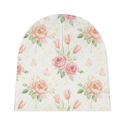 Floral Baby Beanie — Pink Watercolor Roses & Tulips Newborn Hat One size White