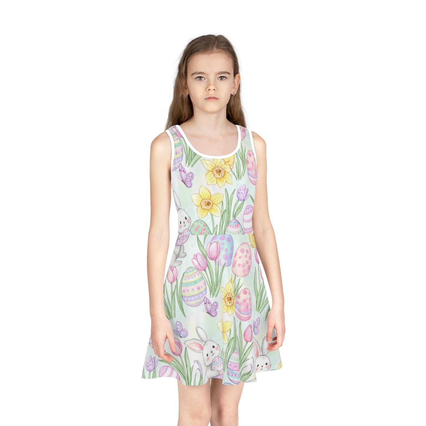 Girls' Easter Bunny & Painted Eggs Sundress Seam thread color automatically matched to design