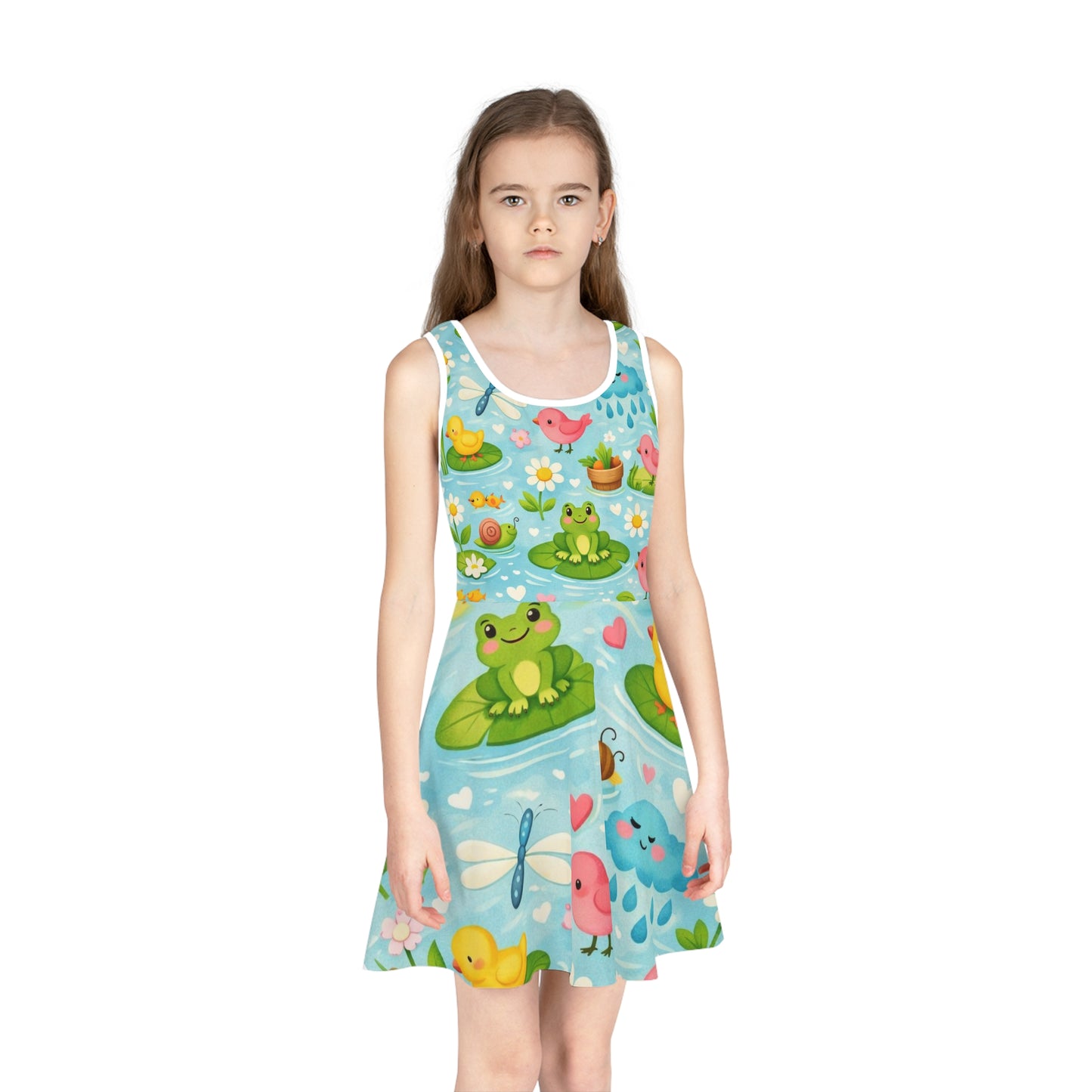 Girls' Pink Hearts & Bones Sundress — Playful Sleeveless Dress for Kids Seam thread color automatically matched to design