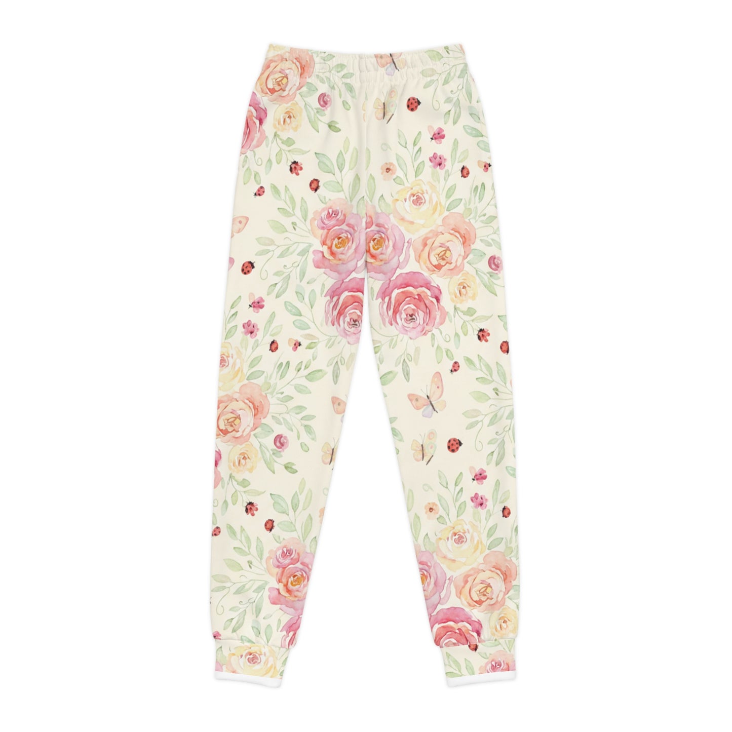 Youth Floral Joggers — Watercolor Roses & Ladybugs All-Over Print