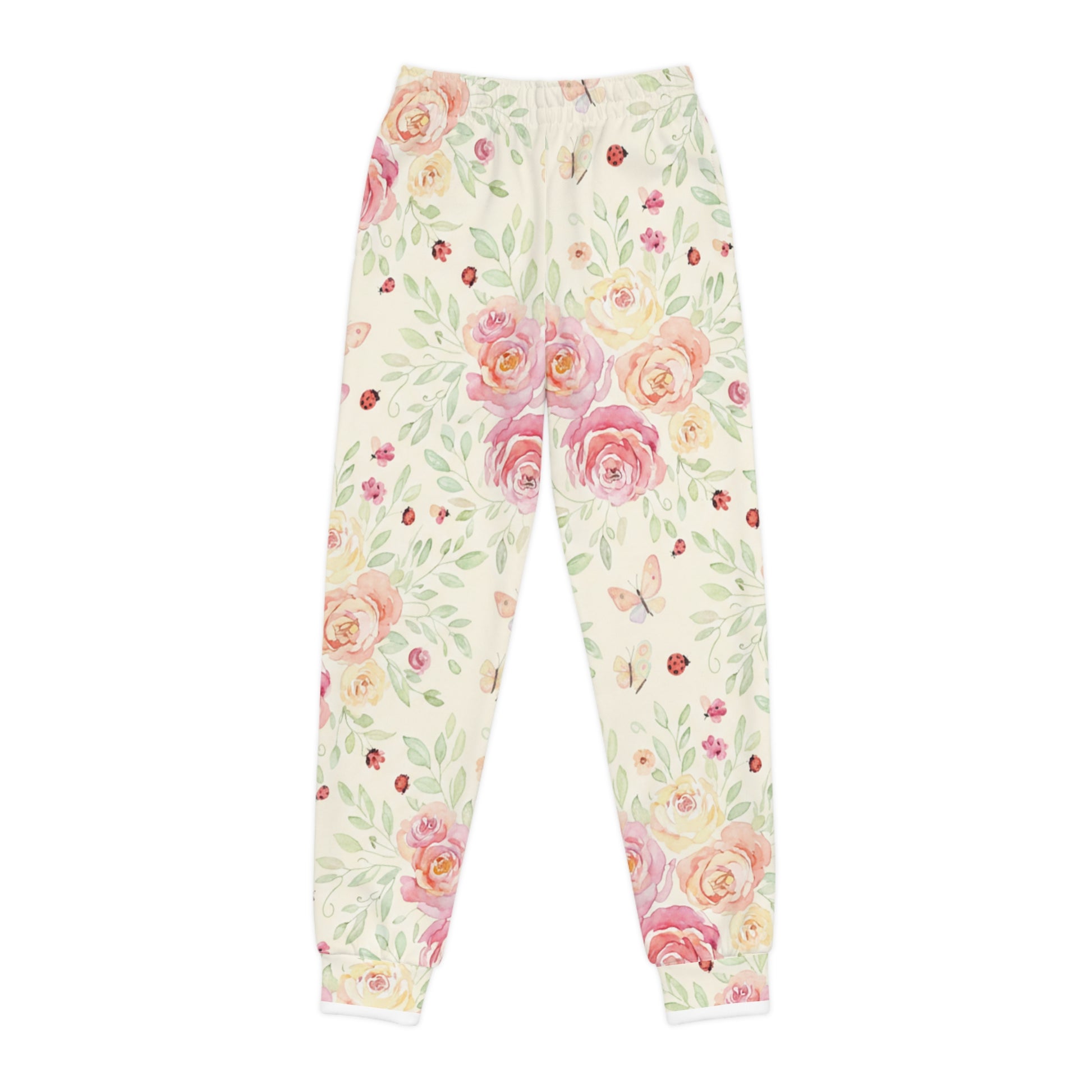 Youth Floral Joggers — Watercolor Roses & Ladybugs All-Over Print