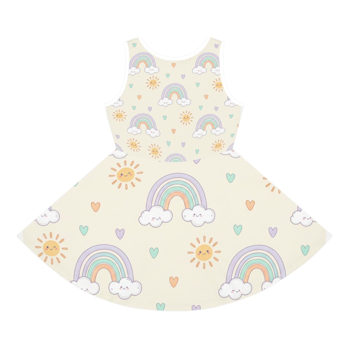 Girls' Rainbow Sundress — Pastel Sun & Clouds Twirl Dress Seam thread color automatically matched to design