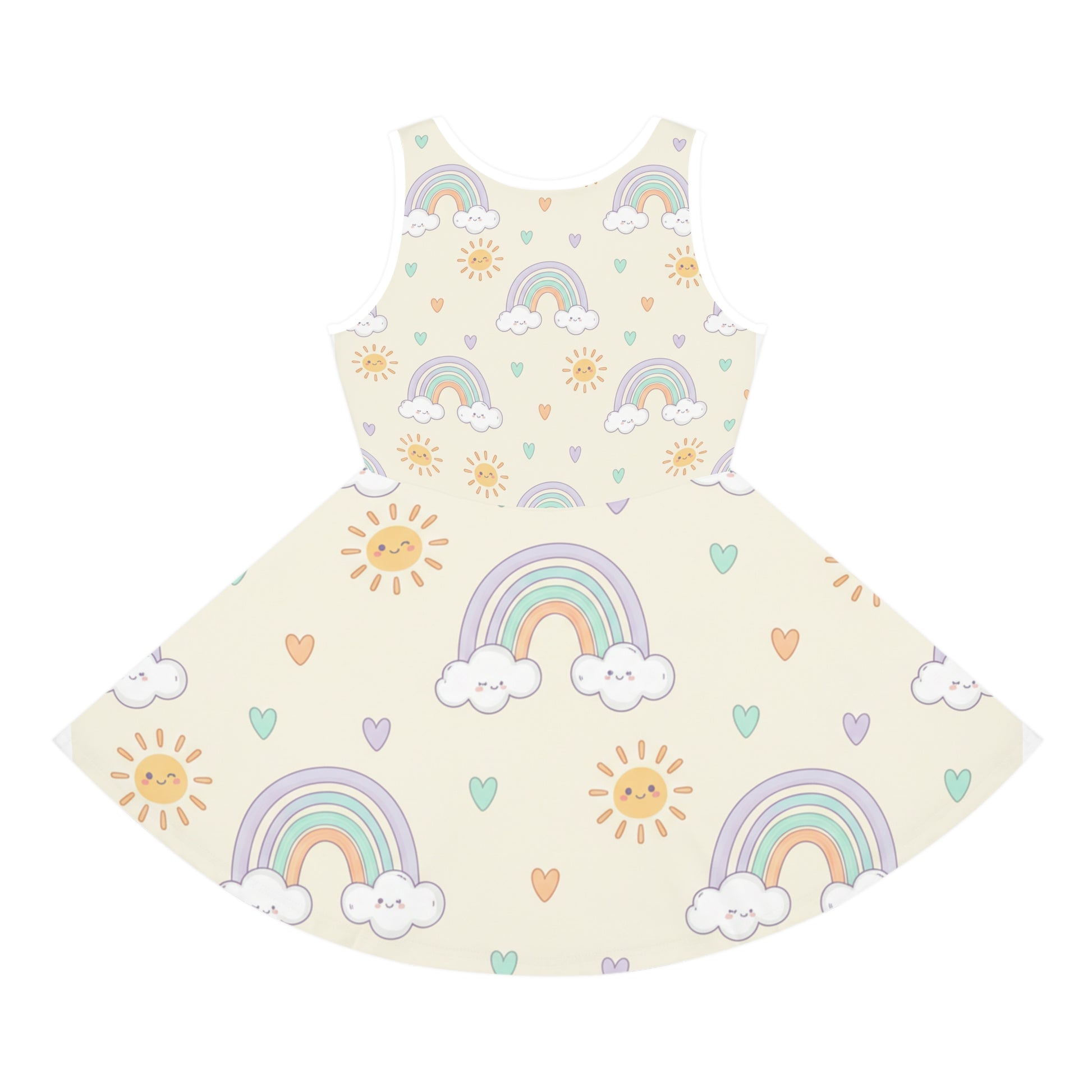 Girls' Rainbow Sundress — Pastel Sun & Clouds Twirl Dress Seam thread color automatically matched to design