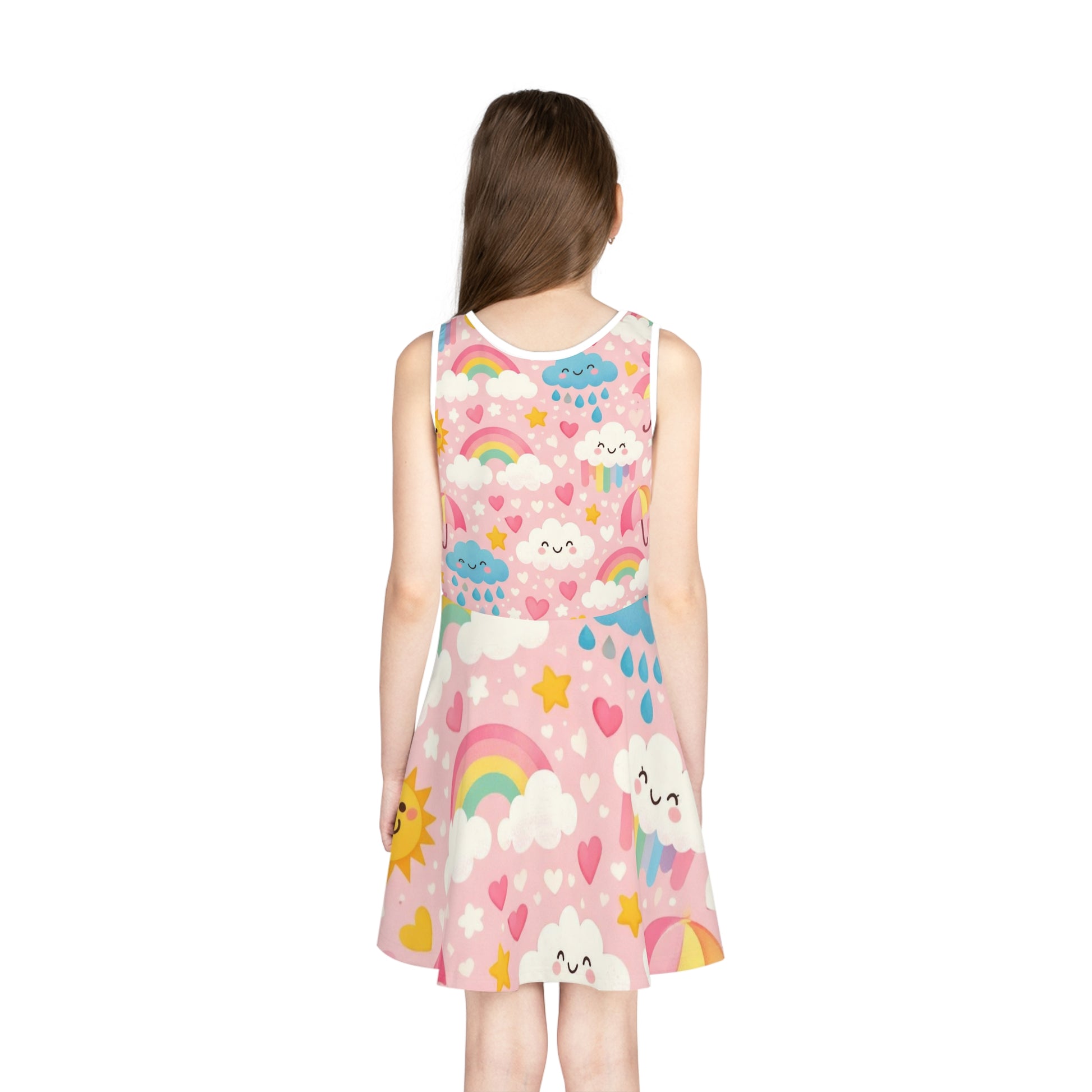 Girls' Rainbow Cloud Sundress — Pink Cute Kawaii Summer Dress Seam thread color automatically matched to design
