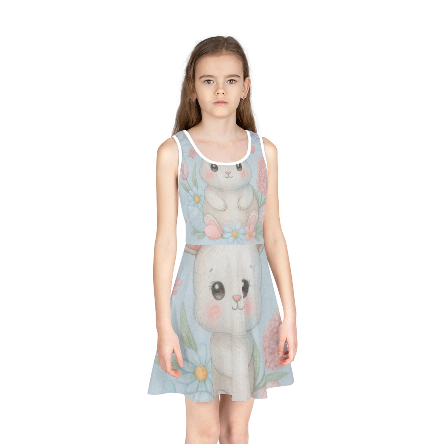 Cute Bunny Floral Girls' Sundress — Sleeveless AOP Dress for Toddlers & Kids Seam thread color automatically matched to design