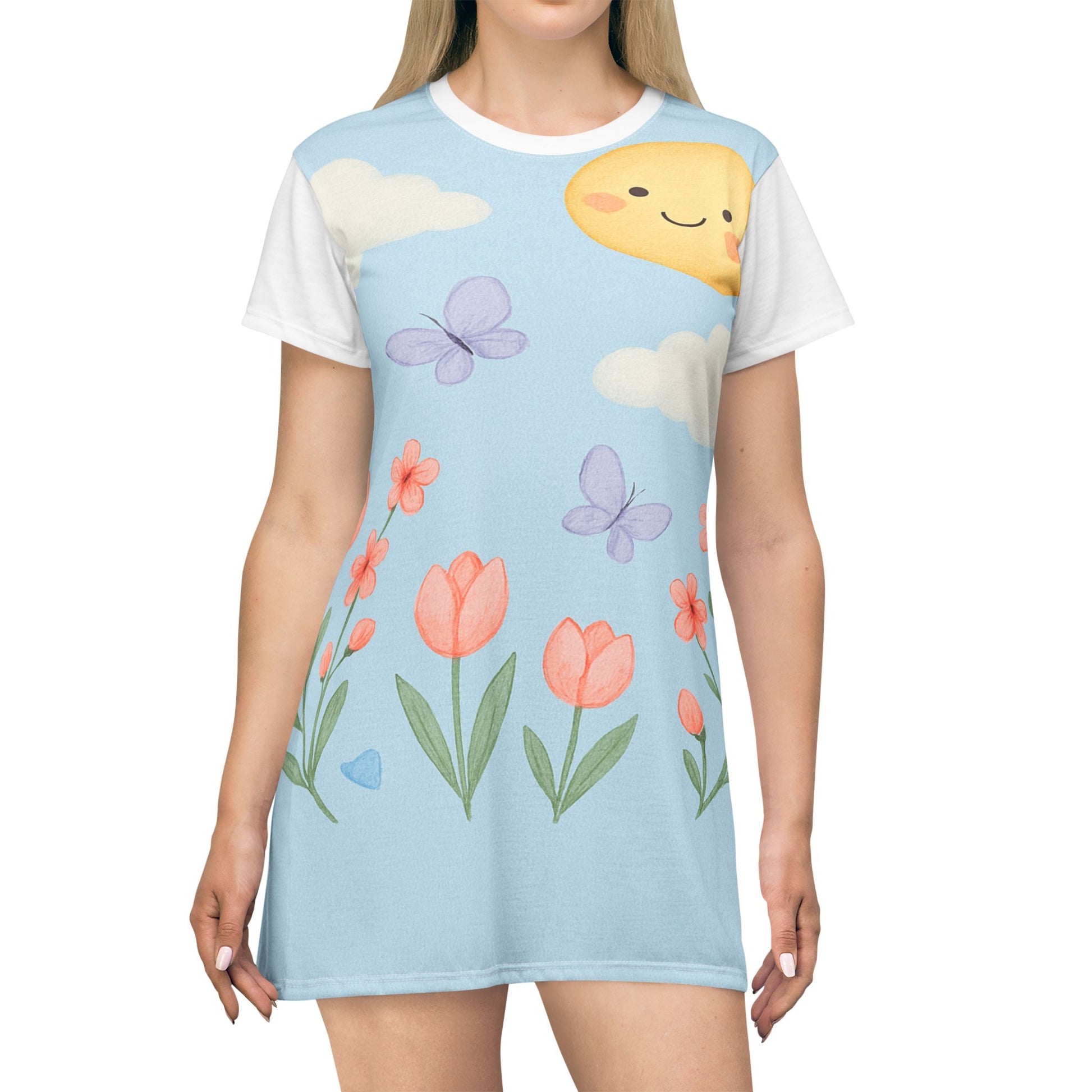 Sunny Spring Floral T‑Shirt Dress — Cute Sun, Butterflies & Tulips AOP