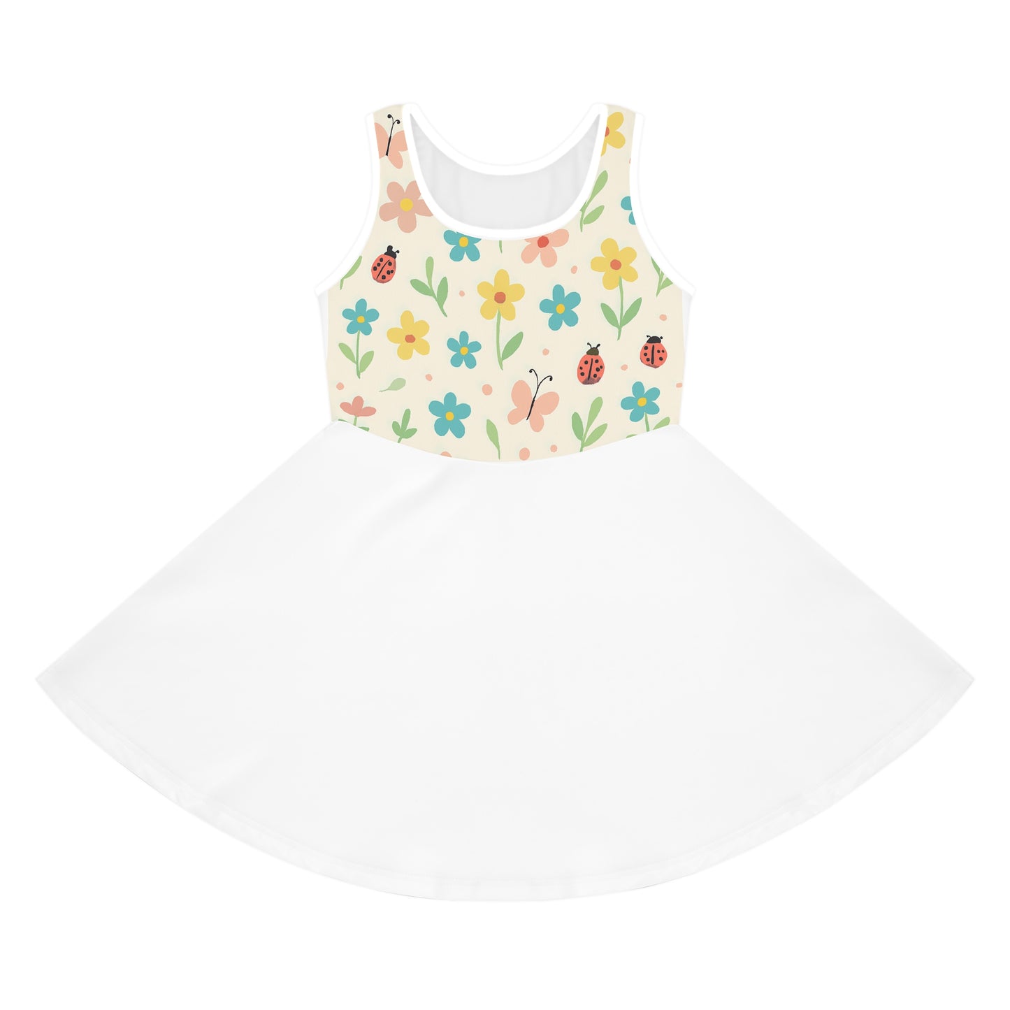 Girls' Floral Ladybug Sundress — Sleeveless Twirl Dress for Spring & Summer Seam thread color automatically matched to design