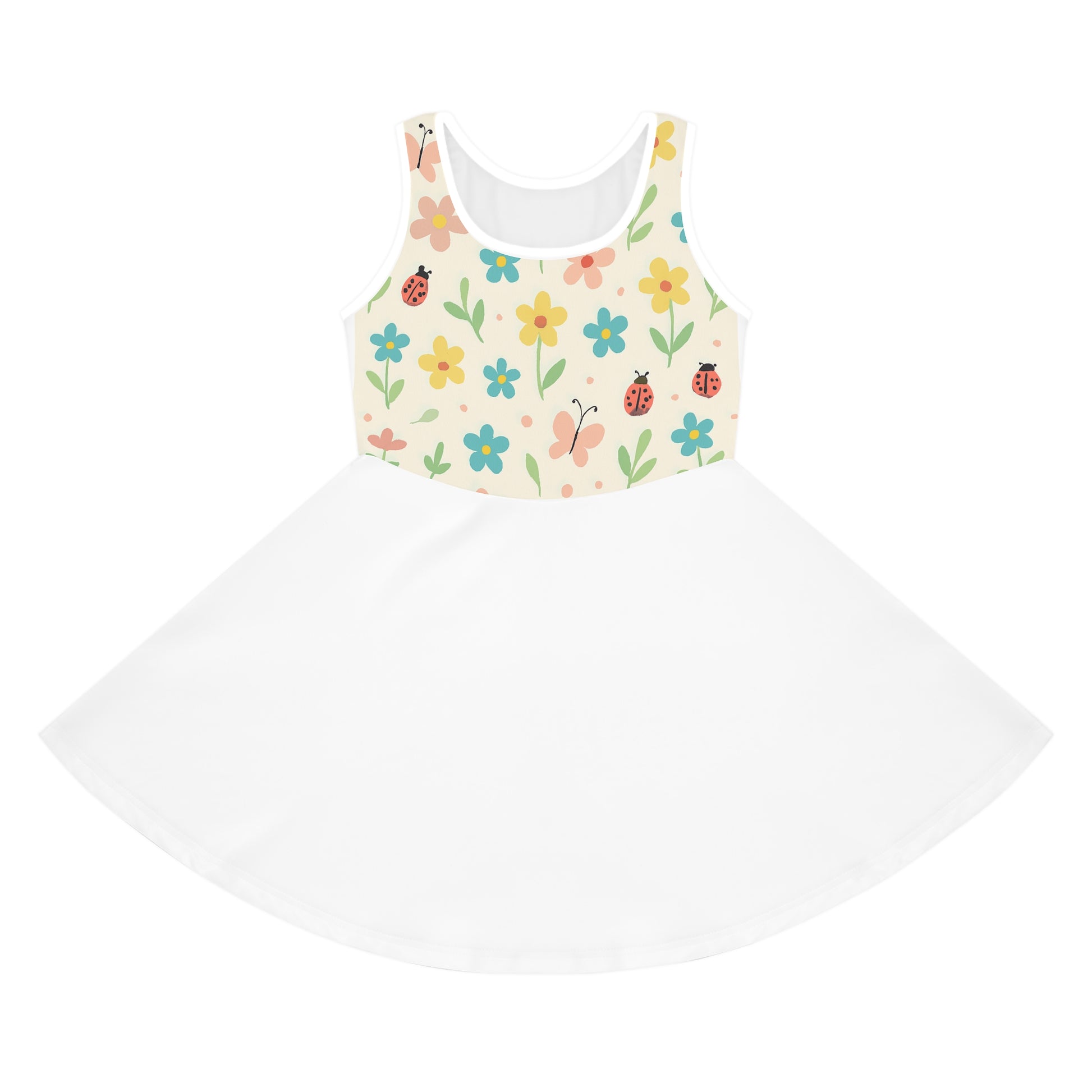 Girls' Floral Ladybug Sundress — Sleeveless Twirl Dress for Spring & Summer Seam thread color automatically matched to design