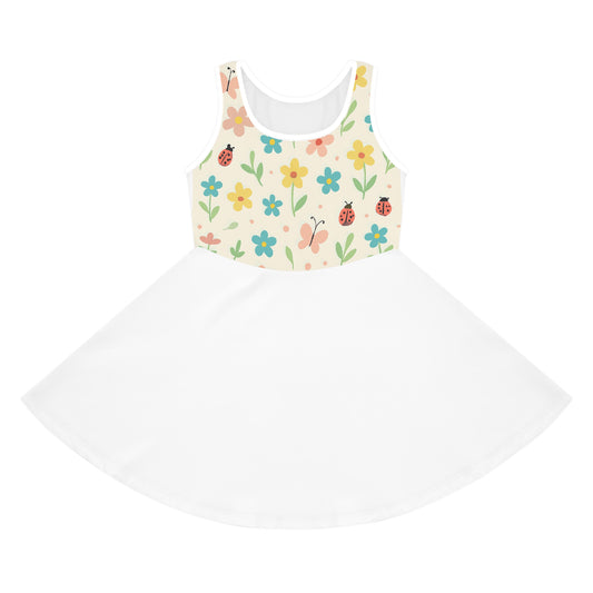 Girls' Floral Ladybug Sundress — Sleeveless Twirl Dress for Spring & Summer Seam thread color automatically matched to design