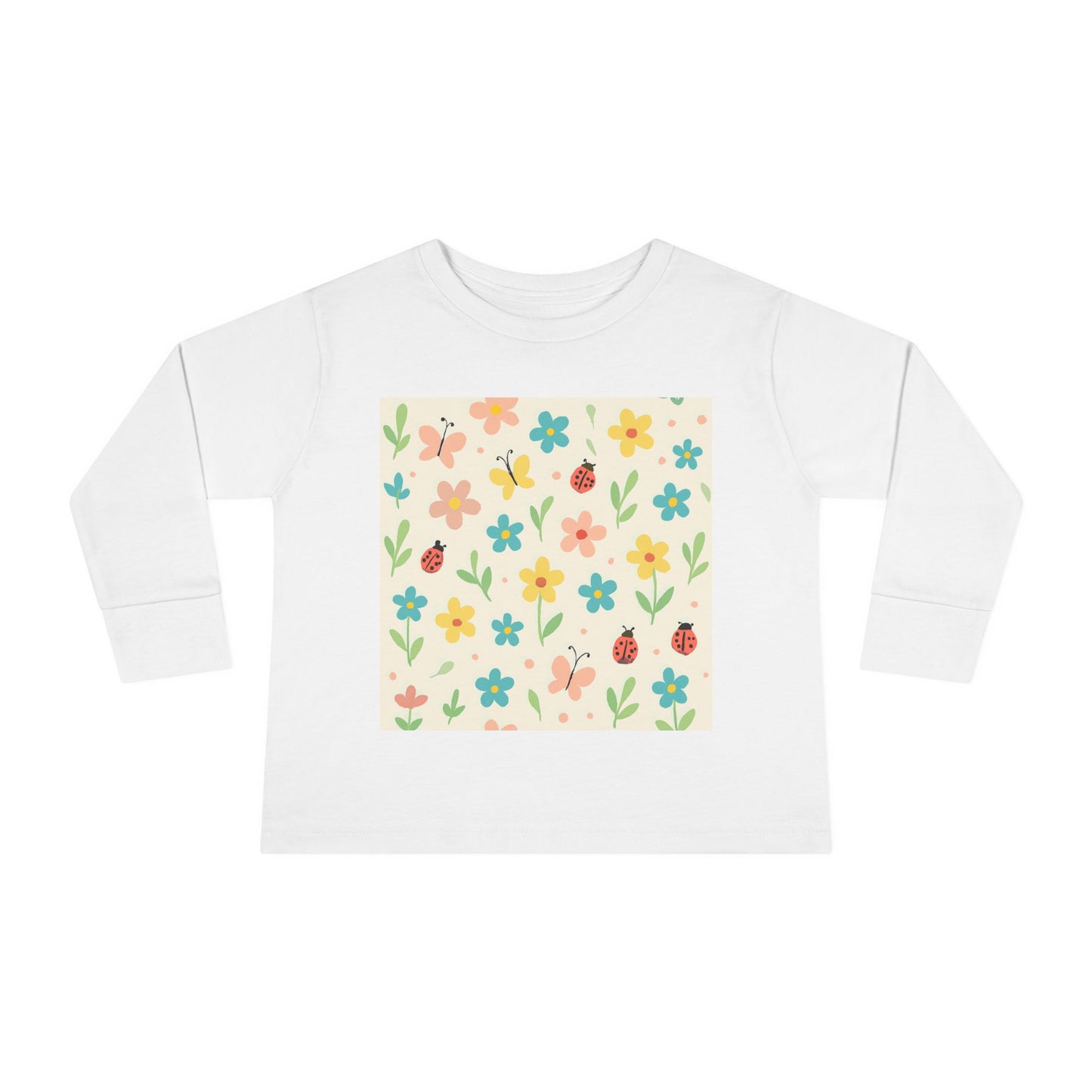 Toddler Long Sleeve Tee — Cute Spring Floral & Ladybug Pattern White