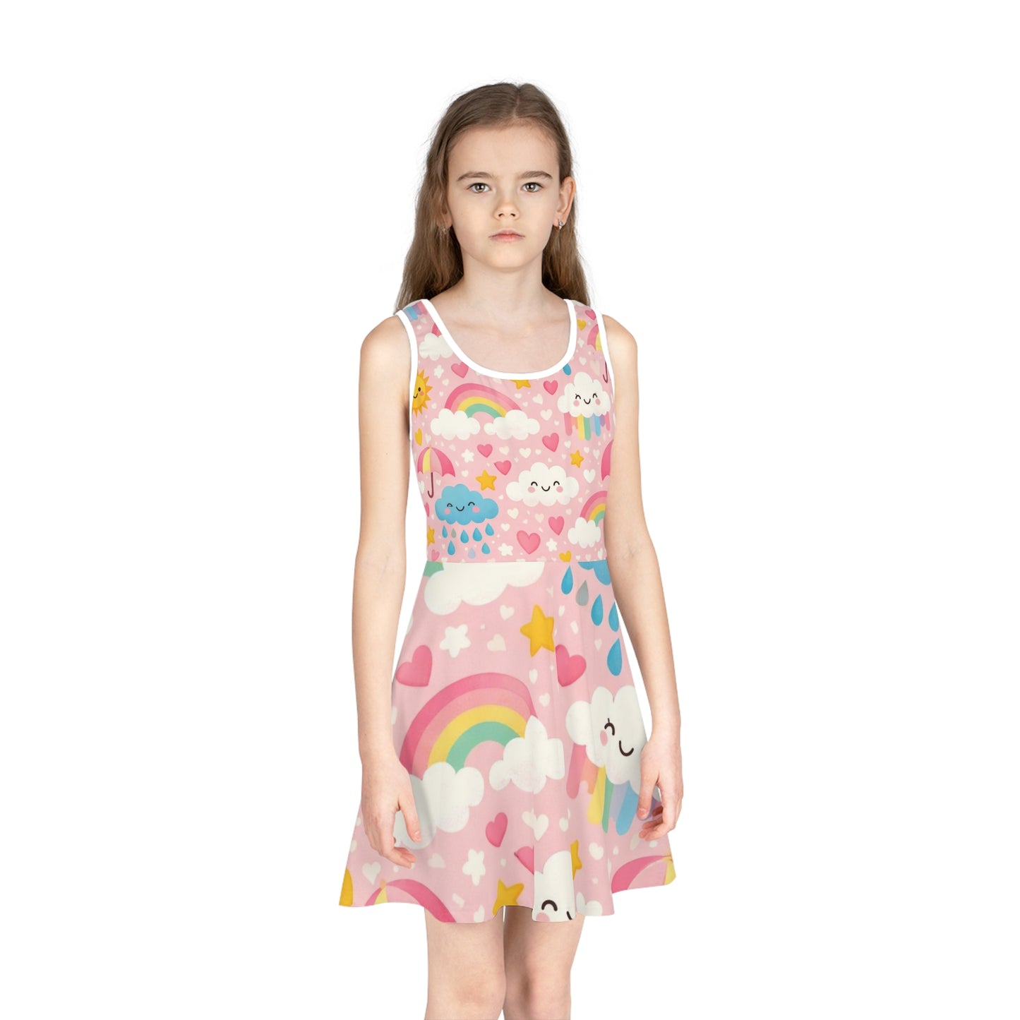 Girls' Rainbow Cloud Sundress — Pink Cute Kawaii Summer Dress Seam thread color automatically matched to design