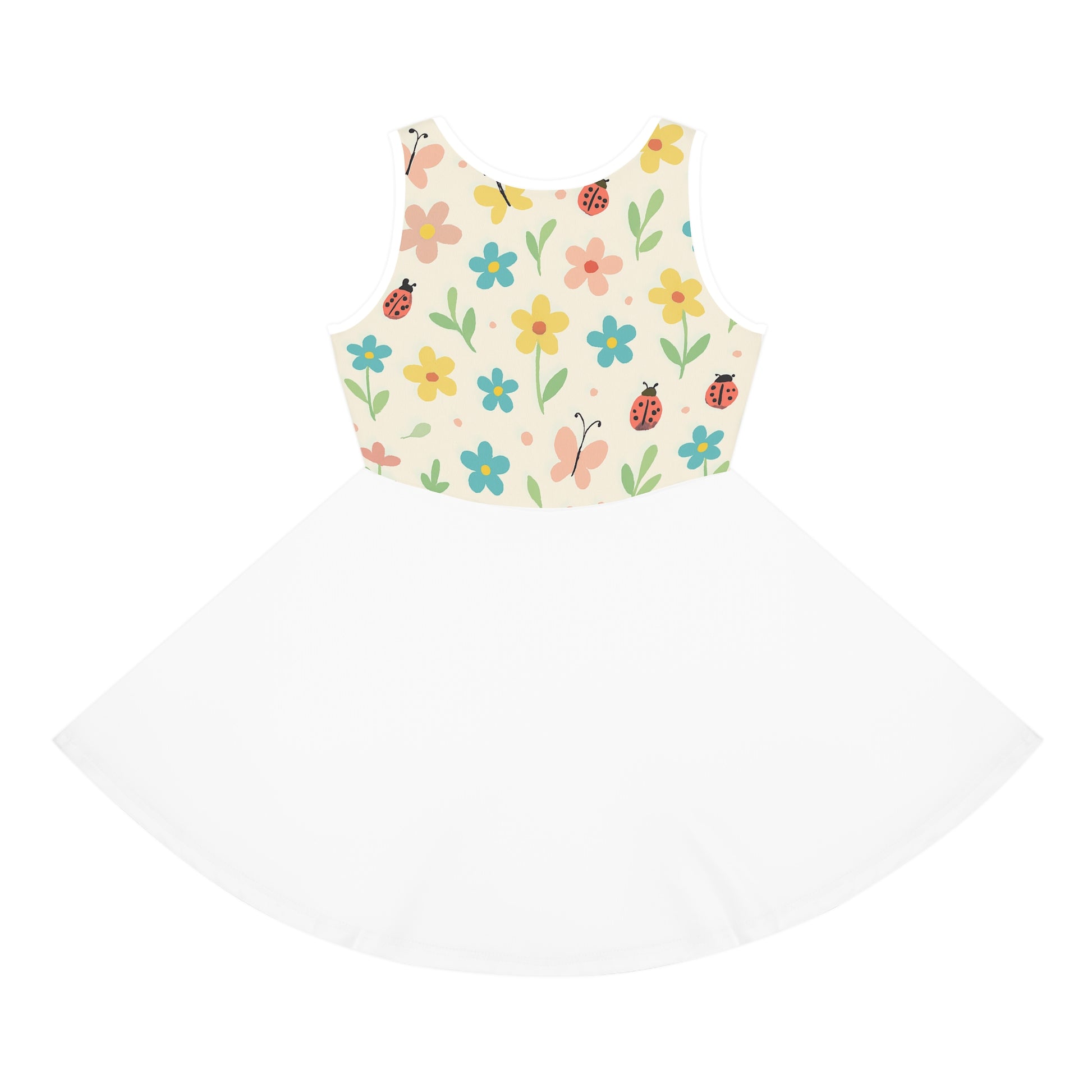 Girls' Floral Ladybug Sundress — Sleeveless Twirl Dress for Spring & Summer Seam thread color automatically matched to design