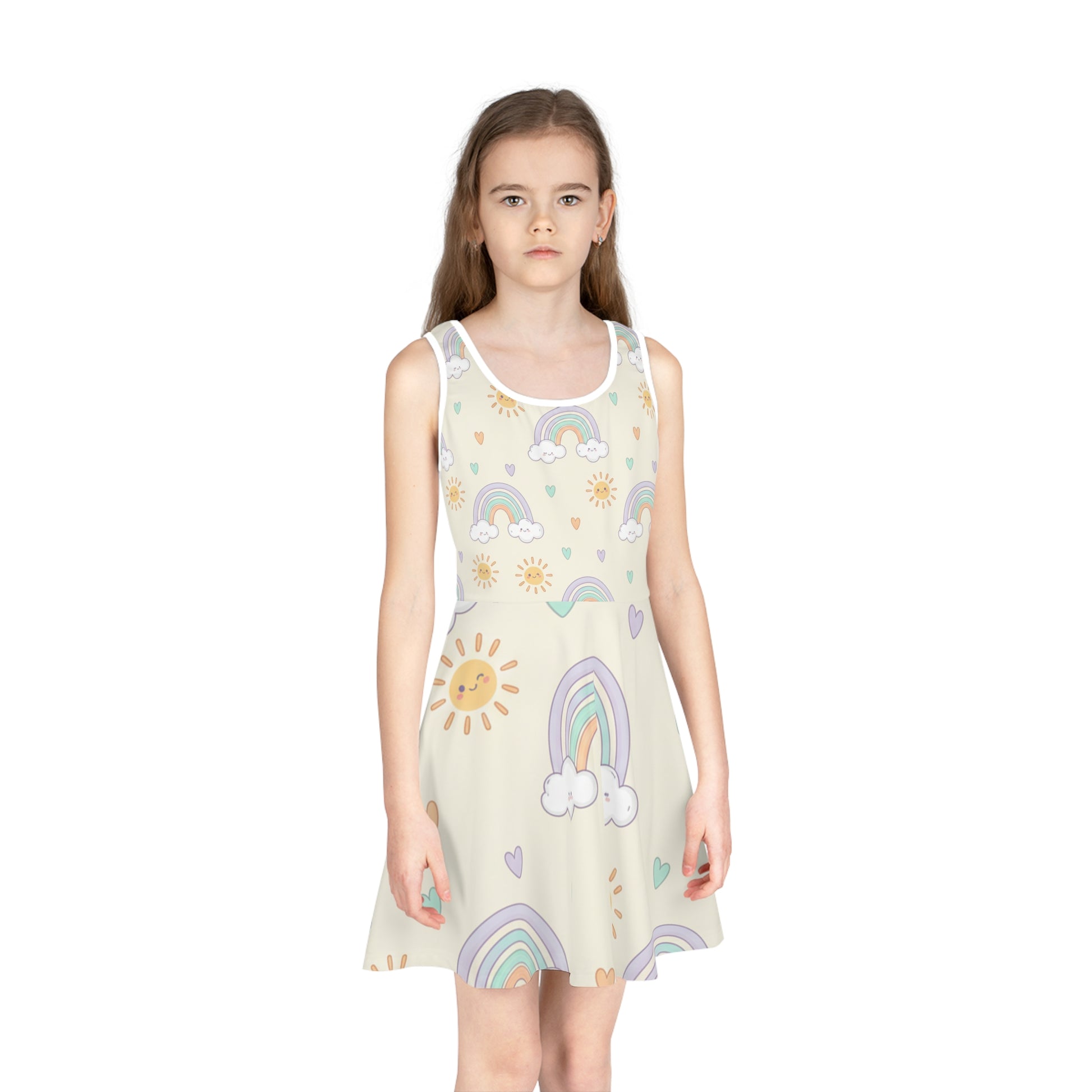 Girls' Rainbow Sundress — Pastel Sun & Clouds Twirl Dress Seam thread color automatically matched to design