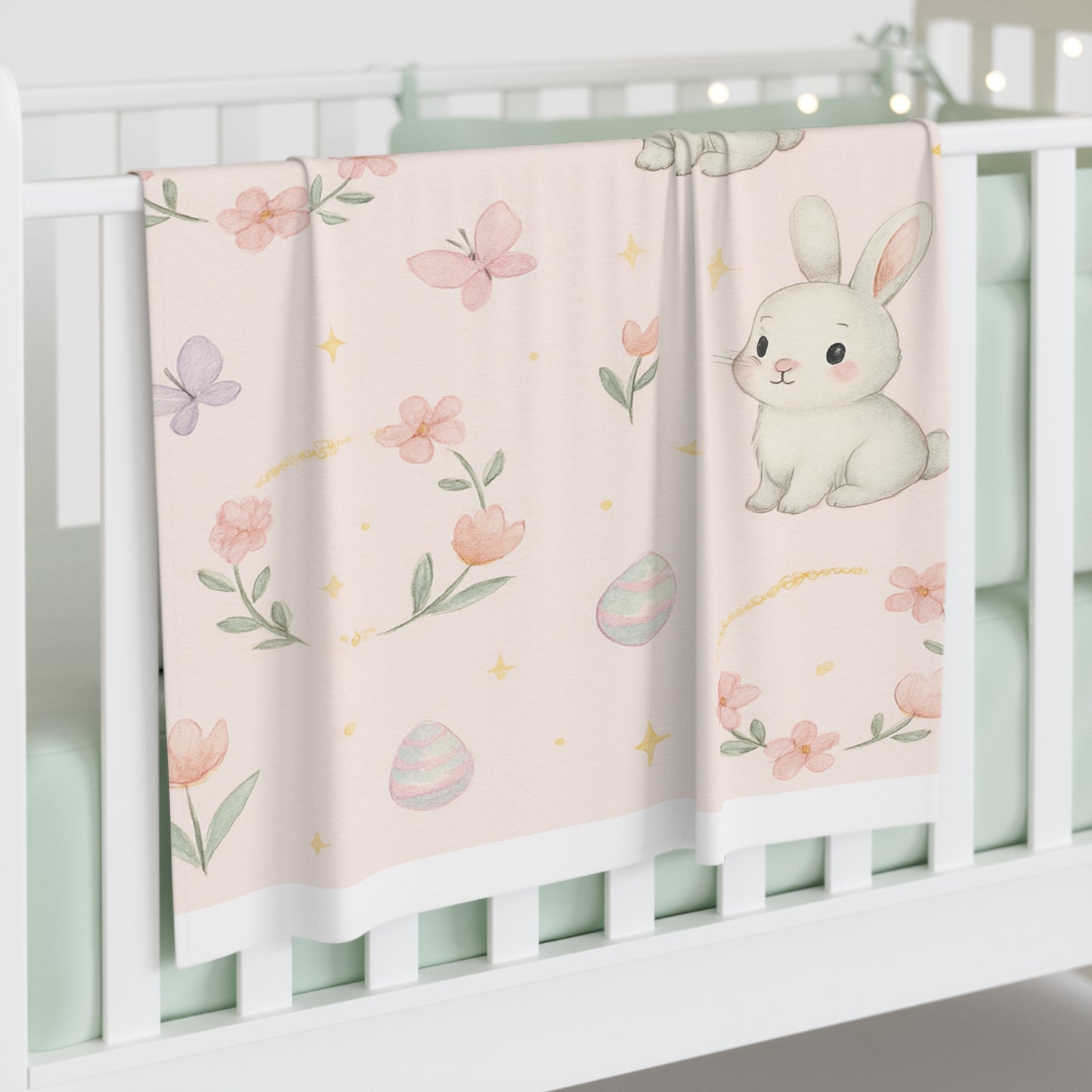 Pink Bunny Baby Swaddle Blanket — Cute Floral Easter Newborn Wrap 30" × 40" White