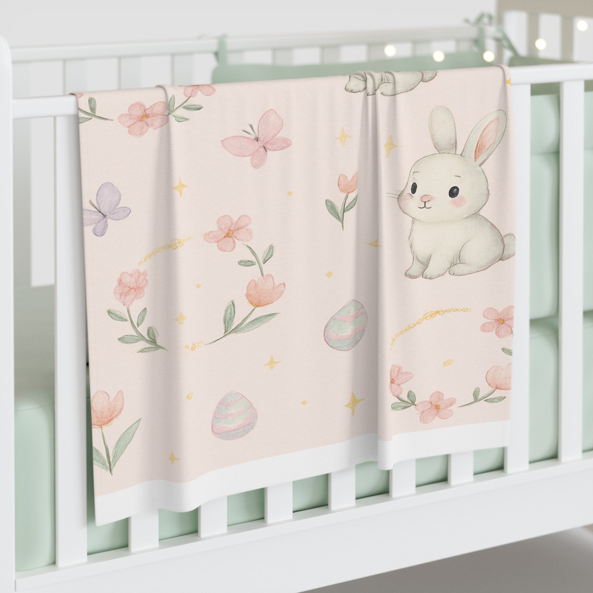 Pink Bunny Baby Swaddle Blanket — Cute Floral Easter Newborn Wrap 30" × 40" White