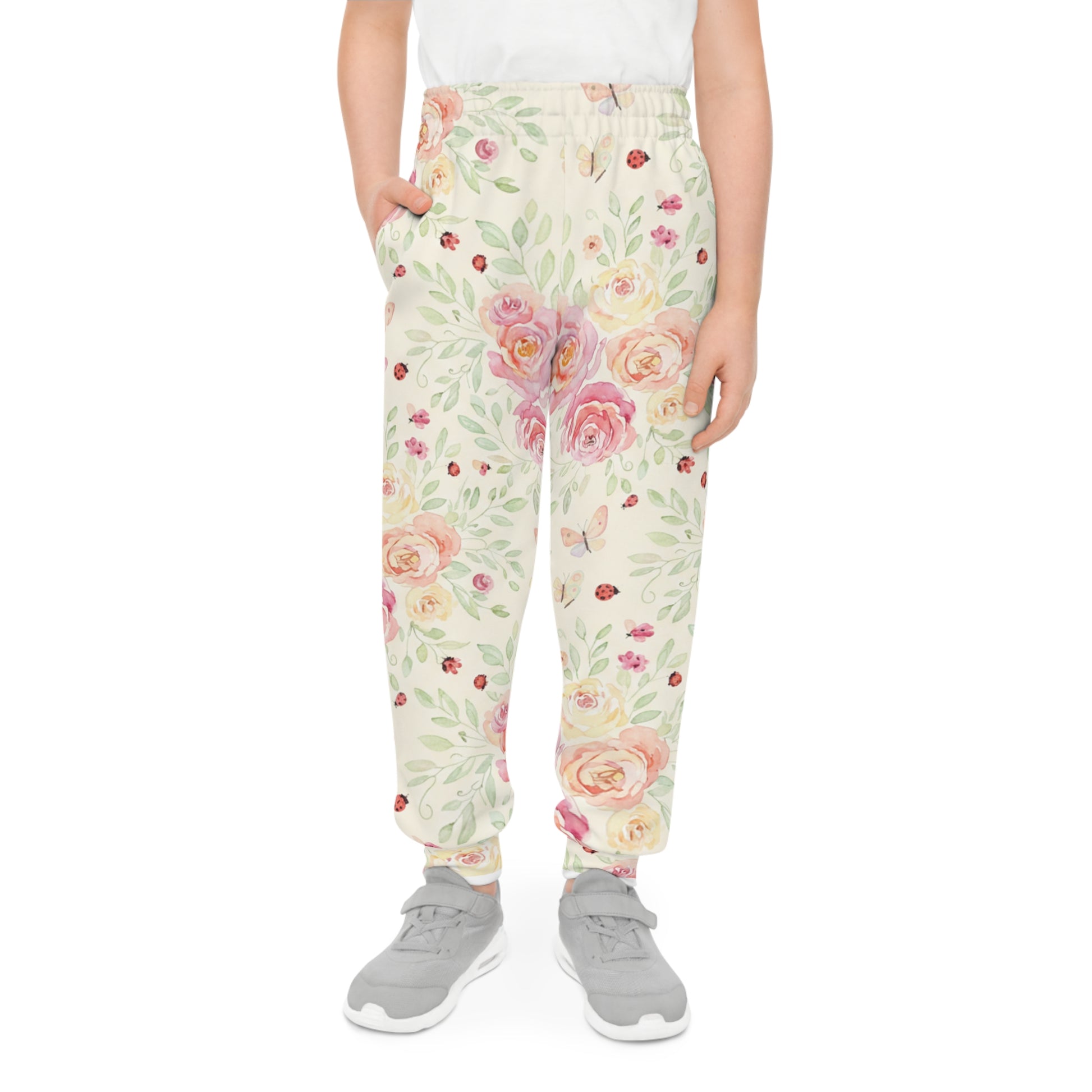 Youth Floral Joggers — Watercolor Roses & Ladybugs All-Over Print