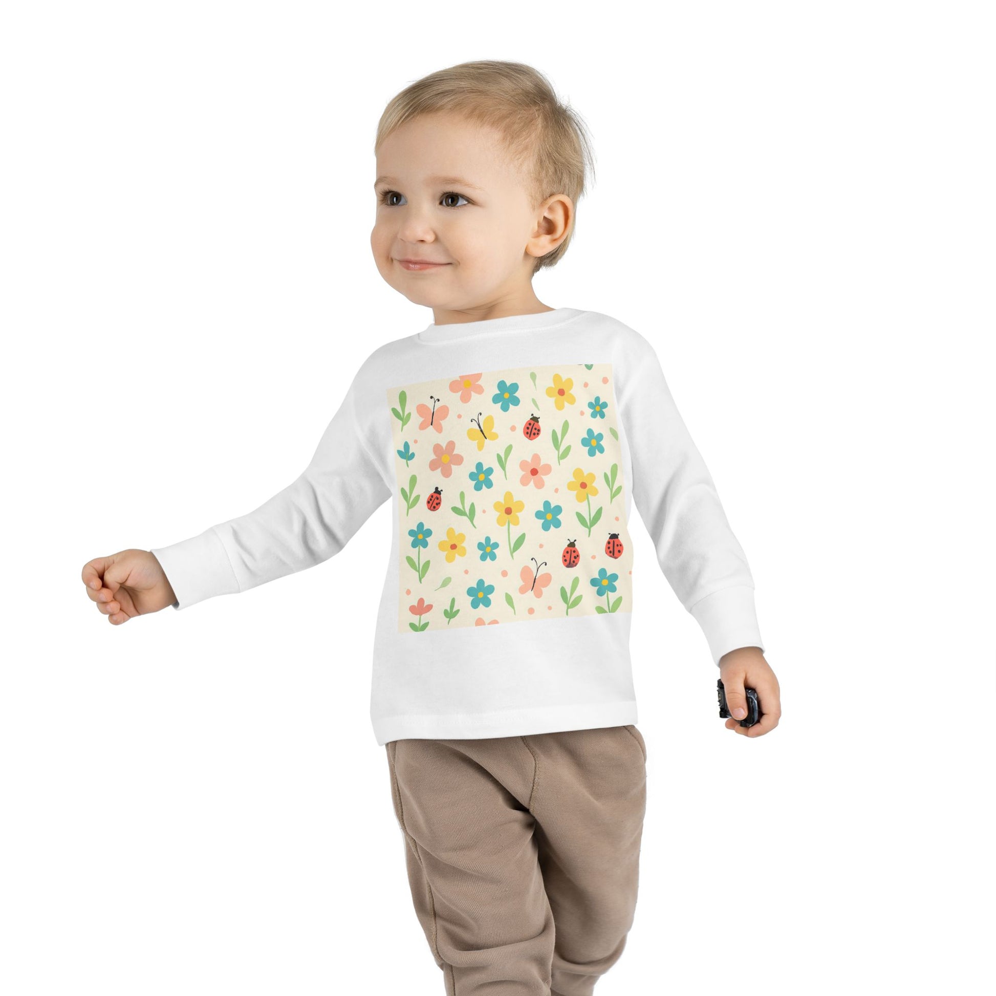 Toddler Long Sleeve Tee — Cute Spring Floral & Ladybug Pattern White