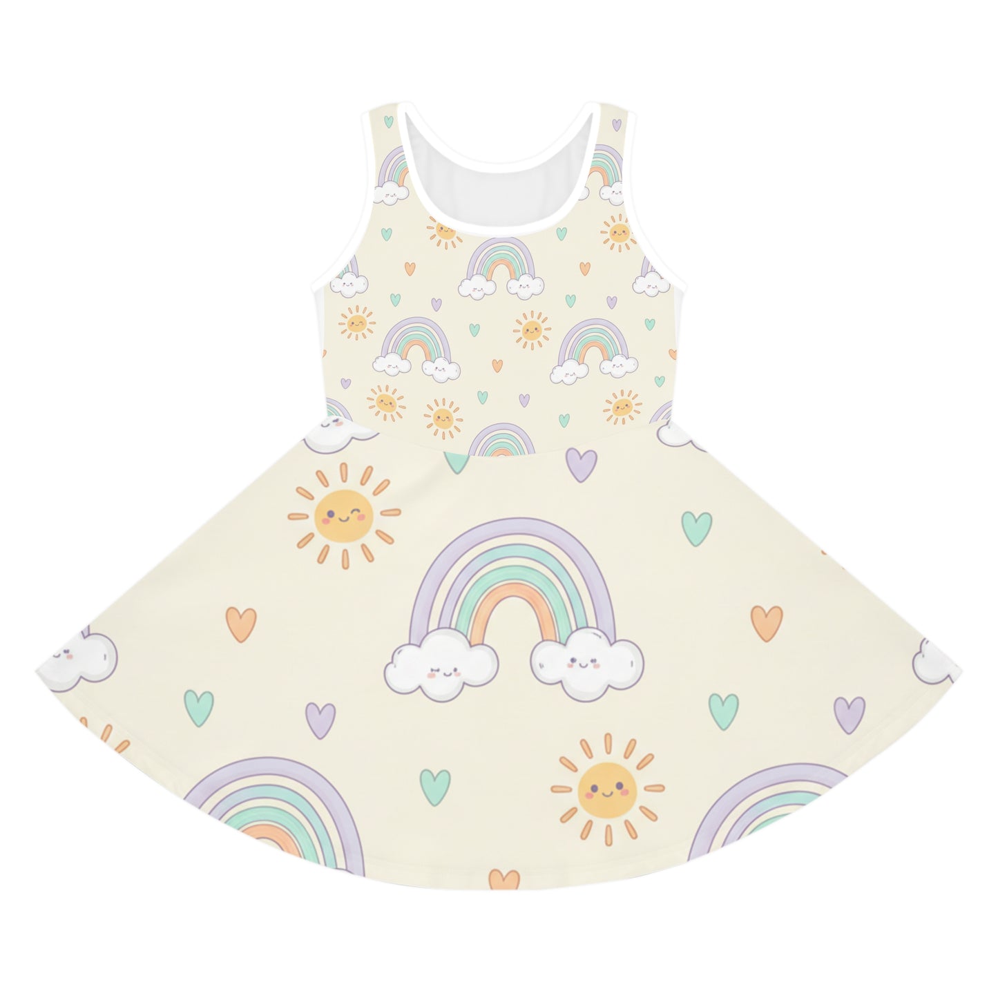 Girls' Rainbow Sundress — Pastel Sun & Clouds Twirl Dress Seam thread color automatically matched to design