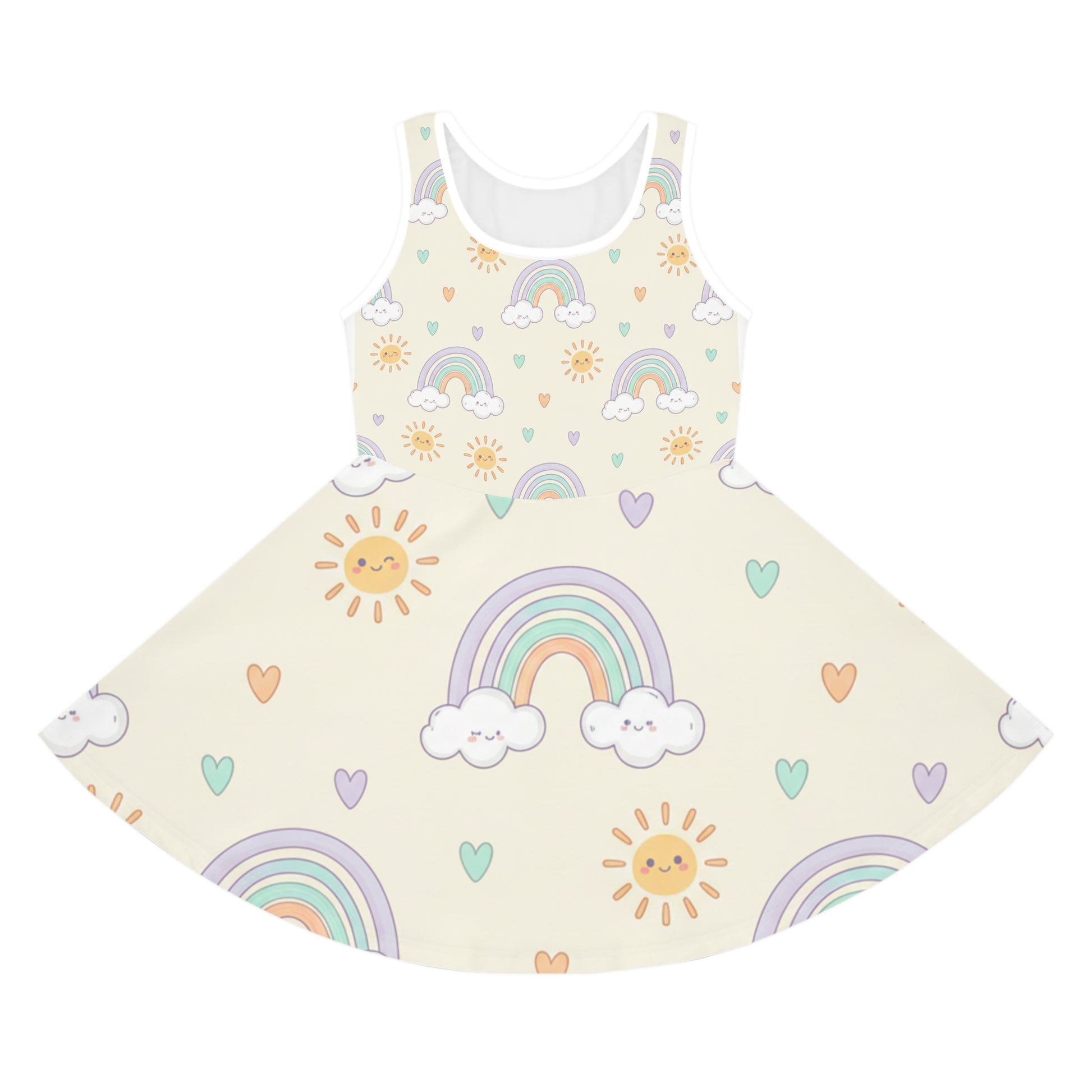 Girls' Rainbow Sundress — Pastel Sun & Clouds Twirl Dress Seam thread color automatically matched to design