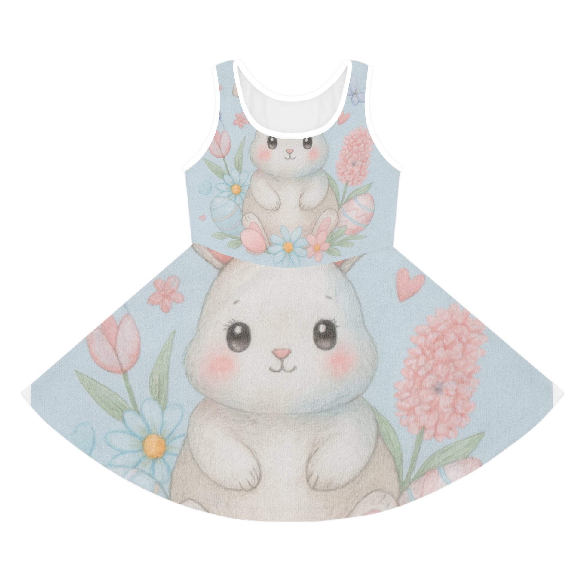 Cute Bunny Floral Girls' Sundress — Sleeveless AOP Dress for Toddlers & Kids Seam thread color automatically matched to design