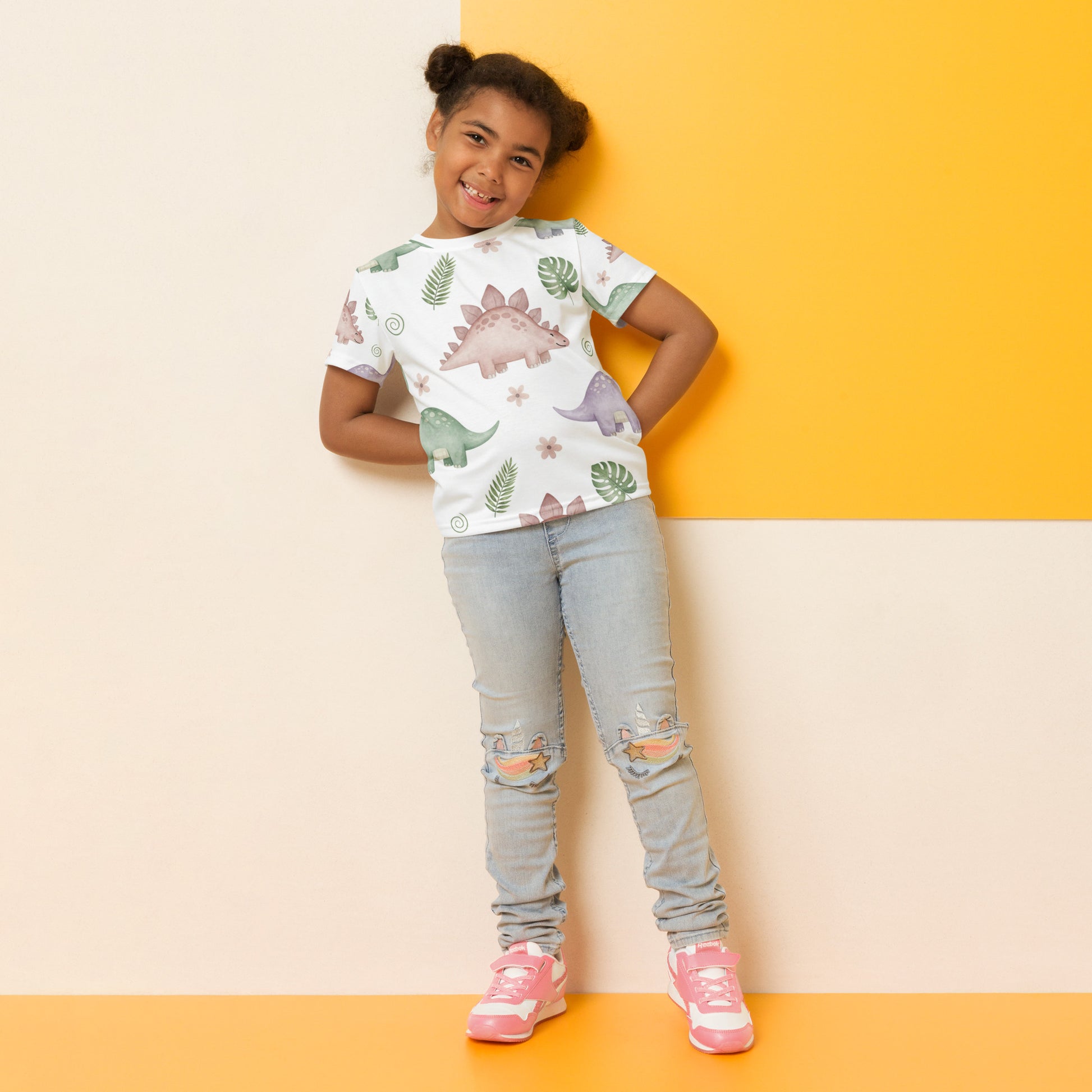 Kids Botanical Dino Garden T-Shirt – Cute Boys & Girls Stegosaurus Tropical Leaves All-Over Print Tee 7