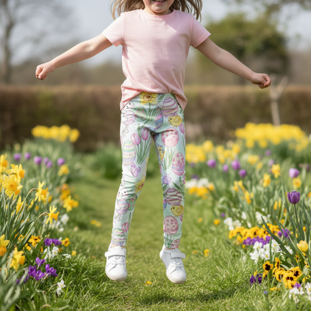 Kids Easter Leggings — Pastel Bunny & Tulip All-Over Print